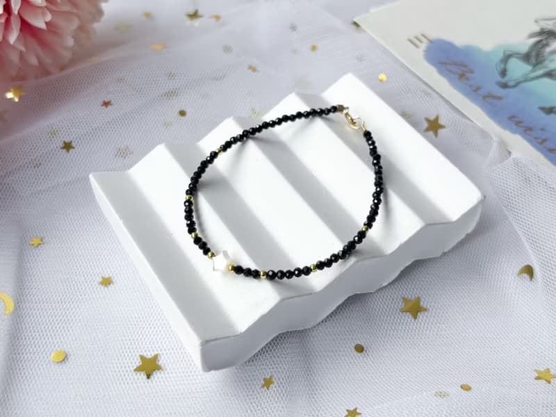 【星曜】天然白貝母星星 黑尖晶 14K包金設計款手鍊