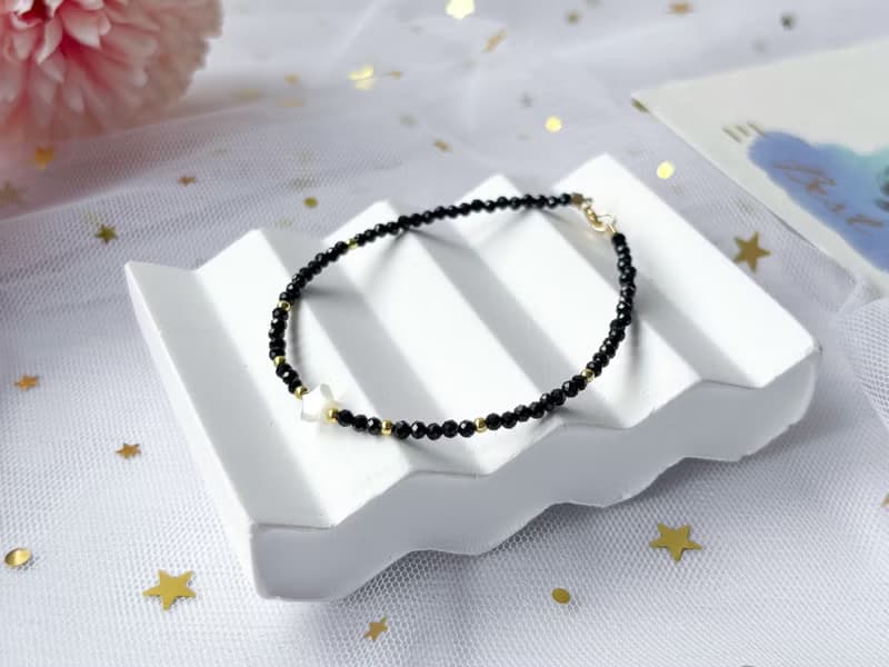 【星曜】天然白貝母星星 黑尖晶 14K包金設計款手鍊