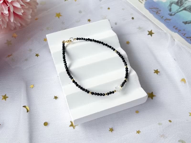 【星曜】天然白貝母星星 黑尖晶 14K包金設計款手鍊