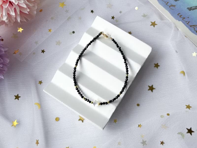 【星曜】天然白貝母星星 黑尖晶 14K包金設計款手鍊