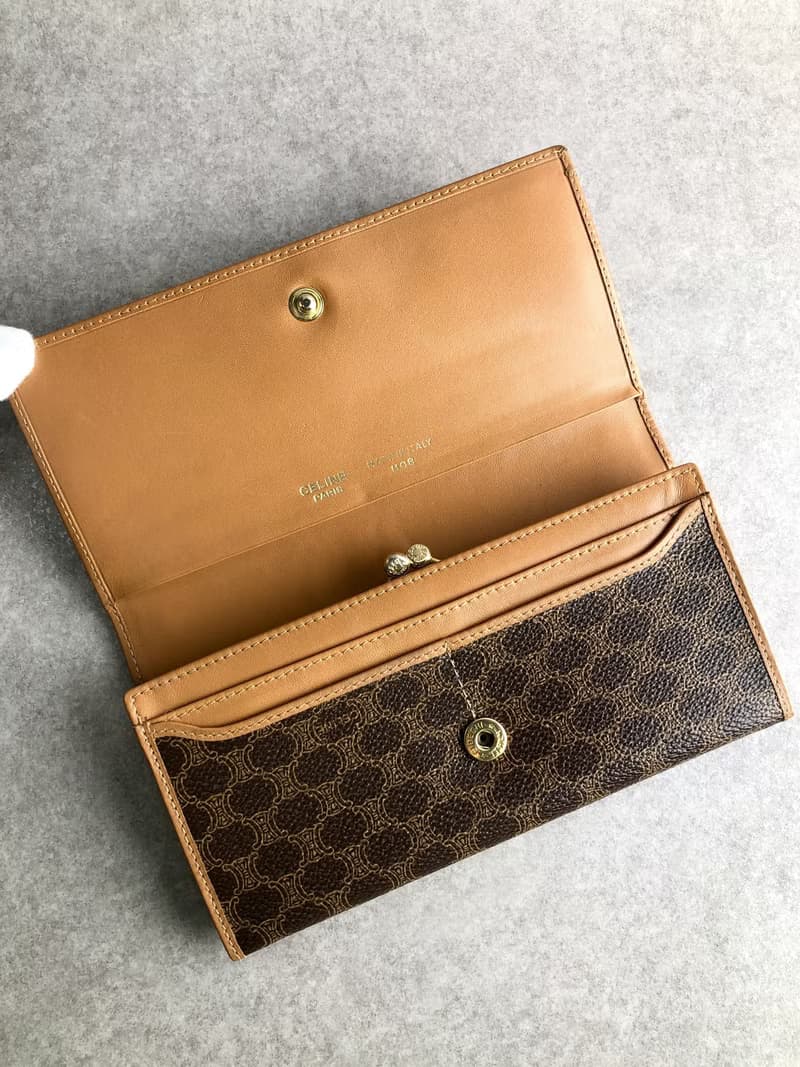 【 日本直送　名牌中古包 】CELINE セリーヌ マカダム 財布 ブラウン ブラゾン PVC レザー 長財布 vintage ヴィンテージ 5cnp3b