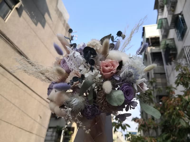 莫蘭迪紫棉花玫瑰乾燥花束 卡斯比亞 生日花束 拍