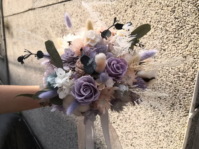 莫蘭迪紫棉花玫瑰乾燥花束 卡斯比亞 生日花束 拍