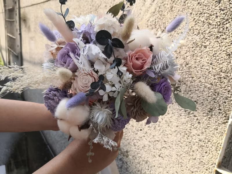 莫蘭迪紫棉花玫瑰乾燥花束 卡斯比亞 生日花束 拍
