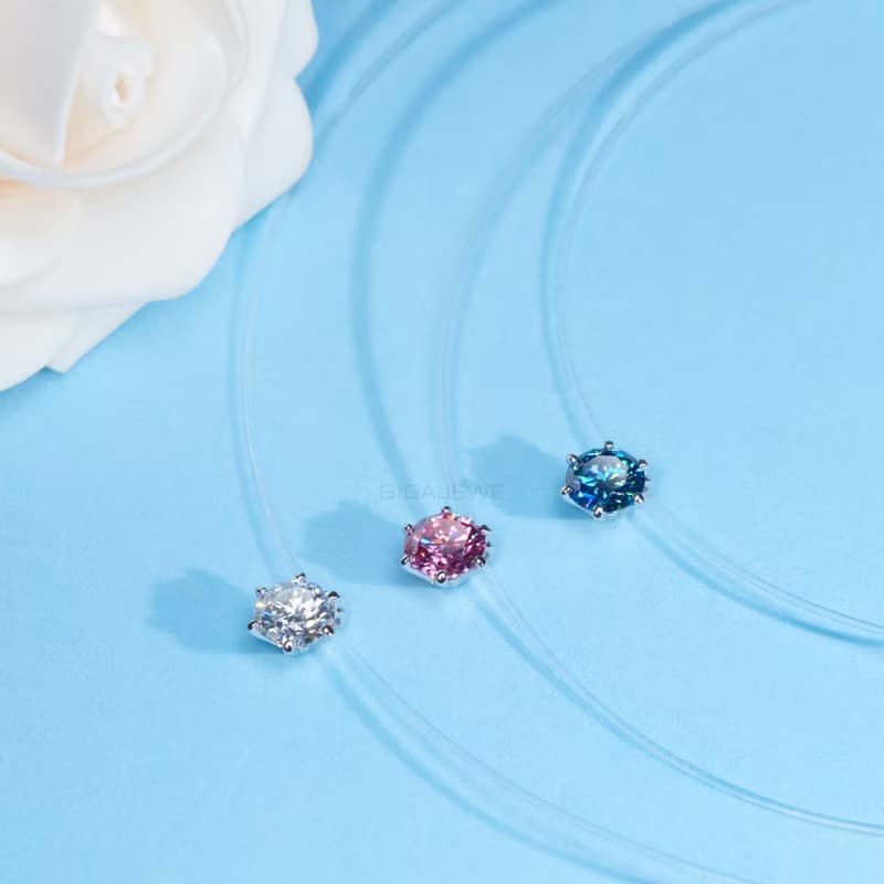3.0ct 9.0mm VVS1 EF彩色莫桑石圓形吊墜隱形項鍊925銀女孩禮物