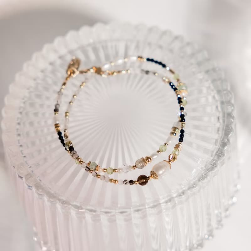 事業 x 珍珠 茶晶 黑髮晶 拉長石 【世界盡頭的戀人】雙層手鍊