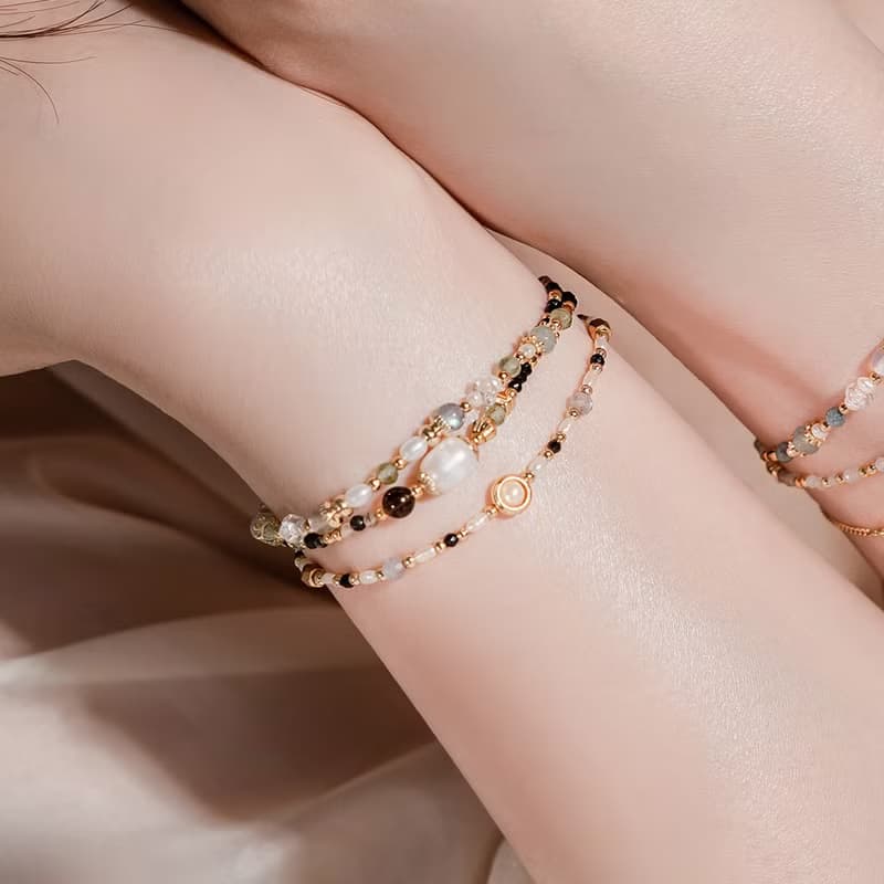 事業 x 珍珠 茶晶 黑髮晶 拉長石 【世界盡頭的戀人】雙層手鍊
