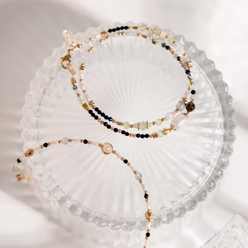 事業 x 珍珠 茶晶 黑髮晶 拉長石 【世界盡頭的戀人】雙層手鍊