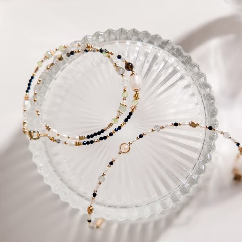 事業 x 珍珠 茶晶 黑髮晶 拉長石 【世界盡頭的戀人】雙層手鍊