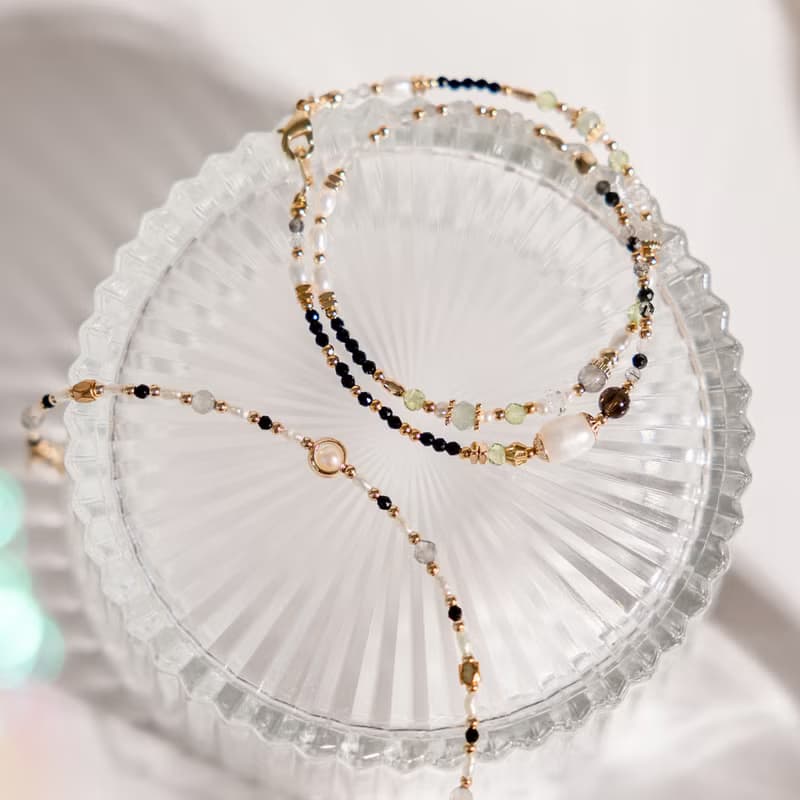 事業 x 珍珠 茶晶 黑髮晶 拉長石 【世界盡頭的戀人】雙層手鍊