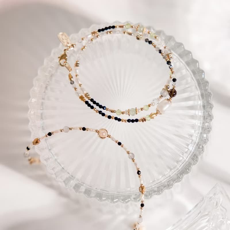 事業 x 珍珠 茶晶 黑髮晶 拉長石 【世界盡頭的戀人】雙層手鍊