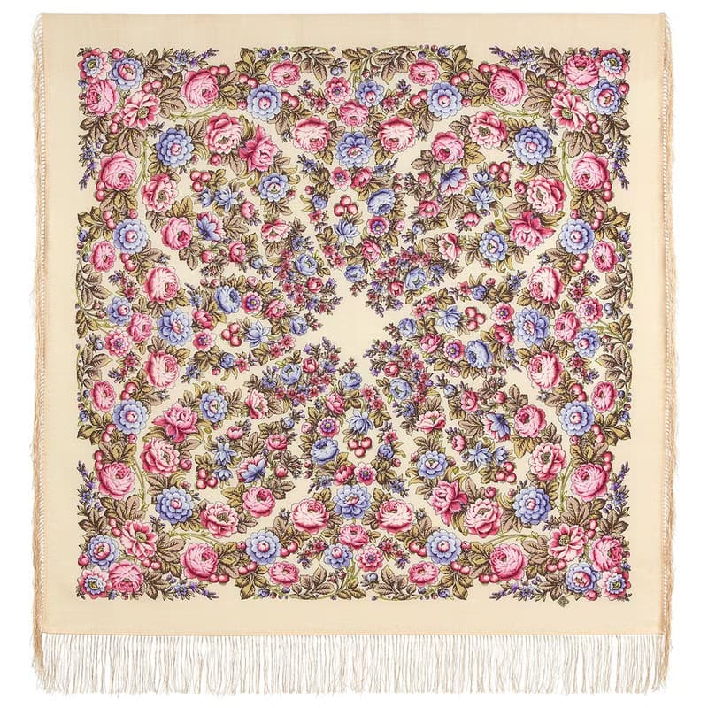 Pavlovo Posad Russian Shawl 100% Wool Scarf 125x125 cm Wrap Silk Fringe 1944-3