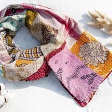 刺繡絲巾/手縫紗麗布拼接絲巾/刺繡圍巾/手縫紗麗線絲巾-向日葵花