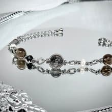 氣質蕾絲黑繃帶珍珠手鍊 - 醫療鋼/蕾絲黑髮晶/淡水珍珠/茶晶