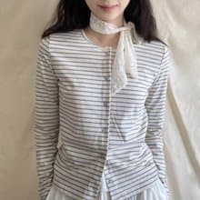 法式復古 淺藍色百搭條紋開衫上衣