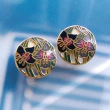 【西洋古董飾品 】景泰藍 雙朵百合花卉 夾式耳環