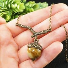Brown Green Onyx Acorn on Branch Forest Woodland Nature Jewelry Pendant Necklace