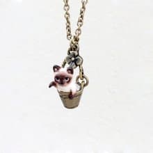 Tiny Siamese Cat in the bucket necklace, Cat Pendant, miniature cat