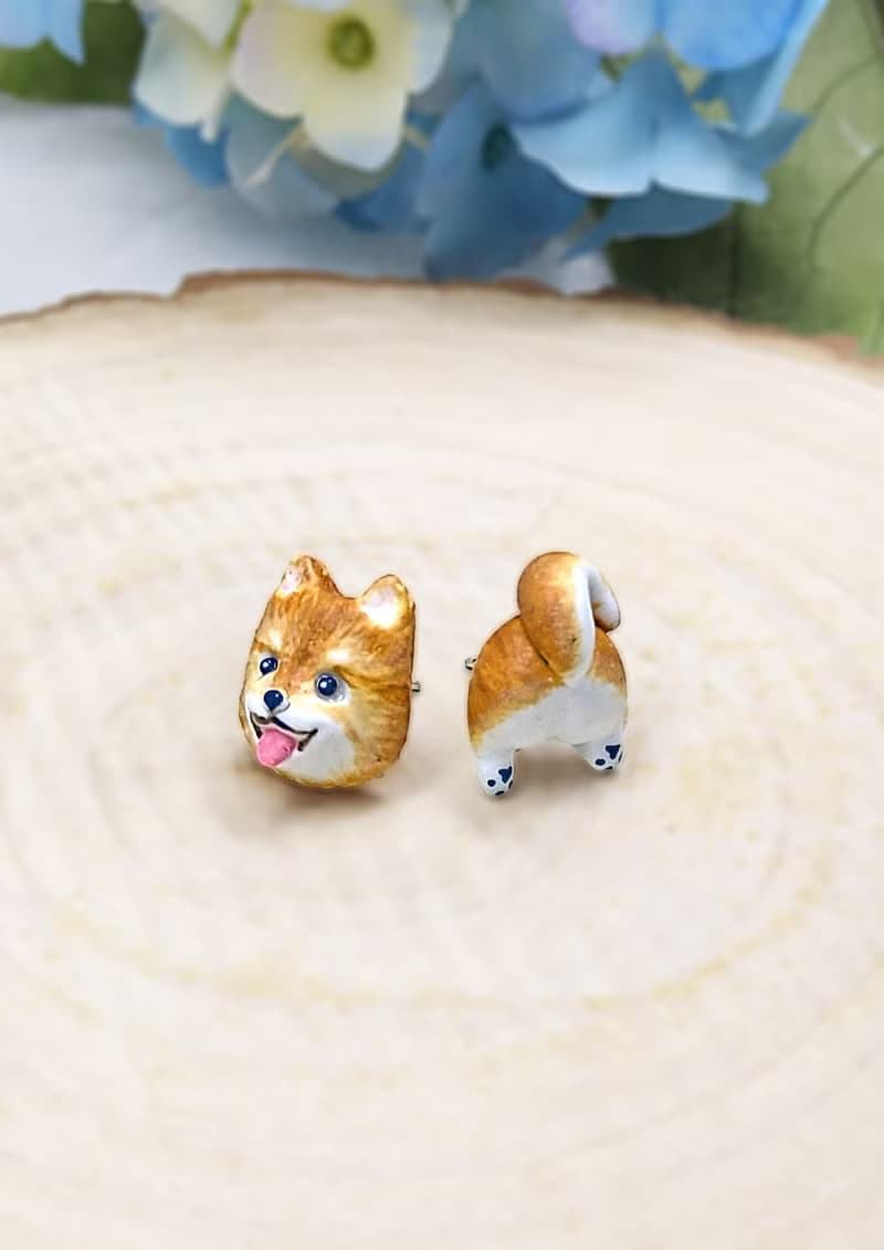 全手作 啡色 松鼠狗耳環 博美犬耳環 防敏感耳針 耳釘/耳夾