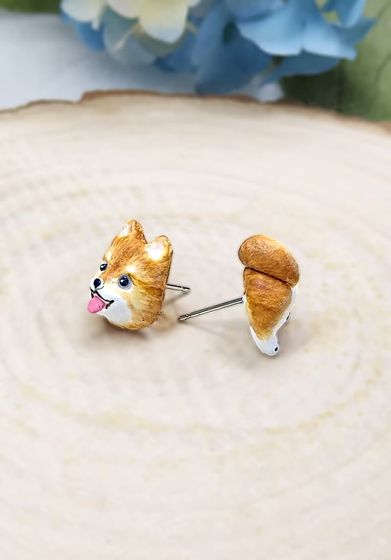 全手作 啡色 松鼠狗耳環 博美犬耳環 防敏感耳針 耳釘/耳夾