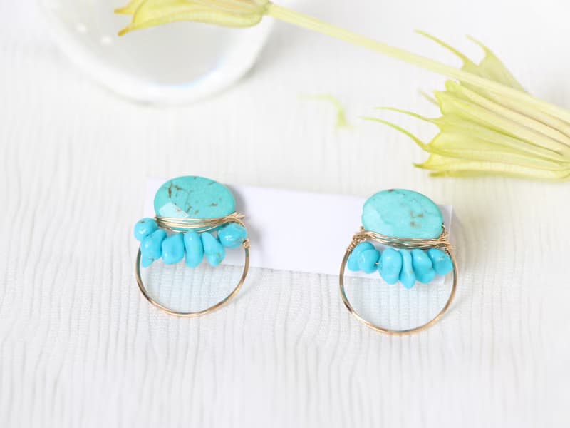 14kgf-turquoise×turquoise wrap pierced earrings/can change to clip-on