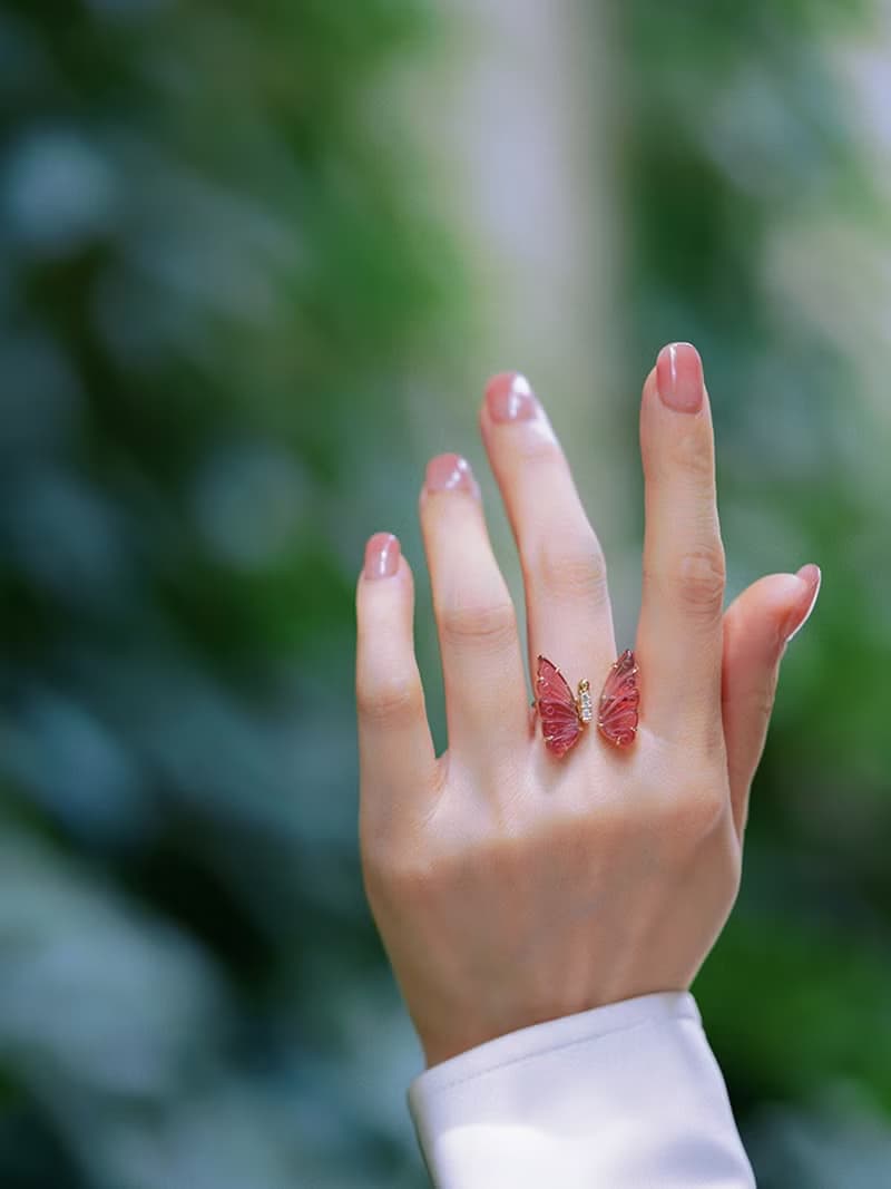 碧璽蝴蝶開口戒指 立知珠寶18k金真鑽石粉紅色碧璽女指環高級氣質