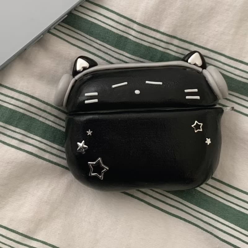 戴耳機的黑貓 韓國手工 AirPods 保護殼