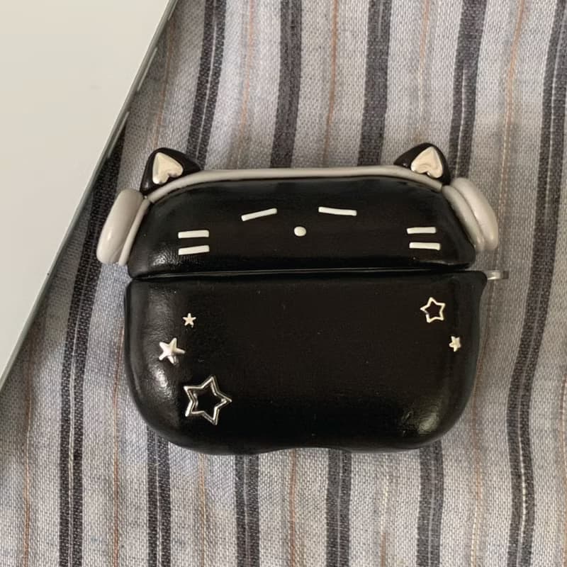 戴耳機的黑貓 韓國手工 AirPods 保護殼