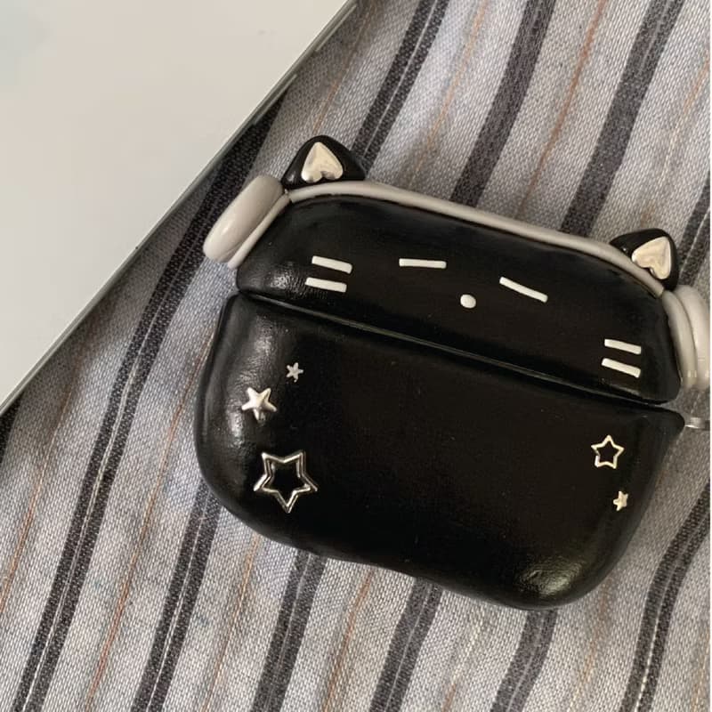 戴耳機的黑貓 韓國手工 AirPods 保護殼