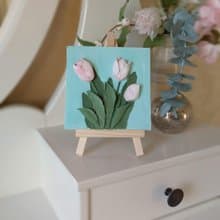 情人节礼物 Valentine's Day gift Mini canvas painting of pink tulips on easel