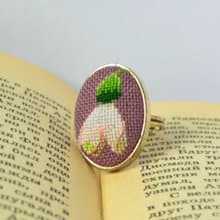 雪花蓮花朵刺繡白色戒指十字繡自然花卉飾品手工精緻的節日禮物送