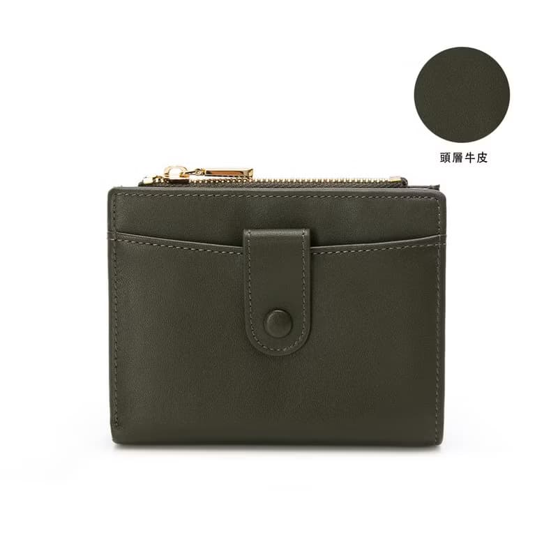 【金安德森】Evelyn 牛皮釦式短夾-苔墨綠