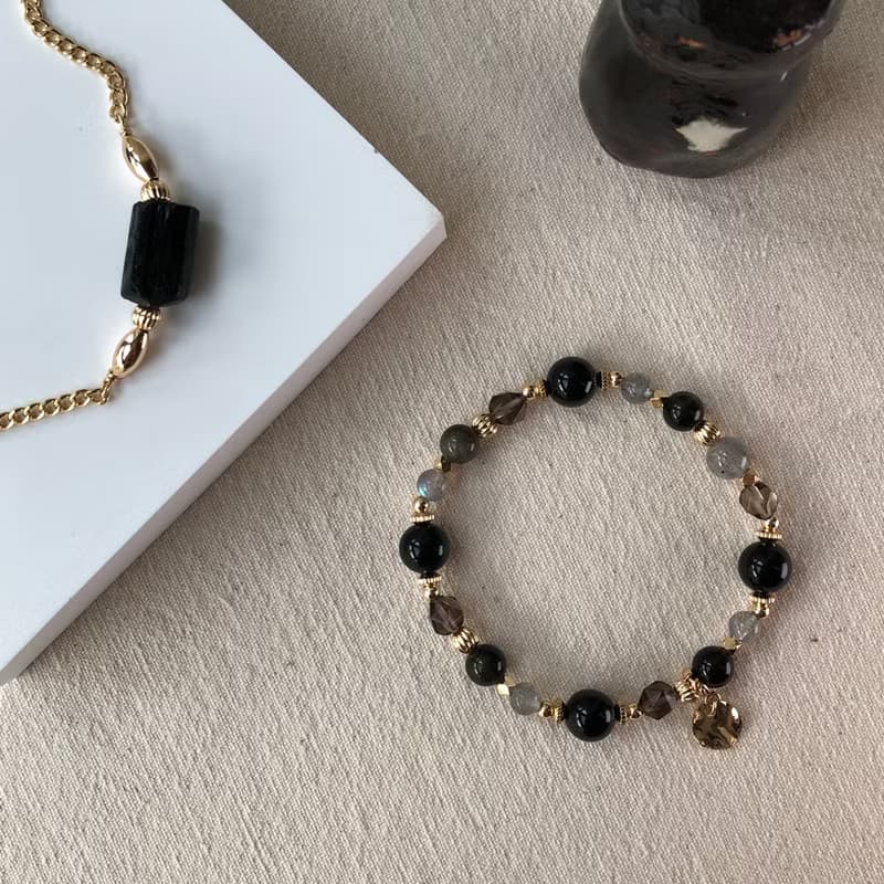 黑貓守護神 | 瑪瑙黑曜石手鍊 彈性鍊 拉長石 茶晶