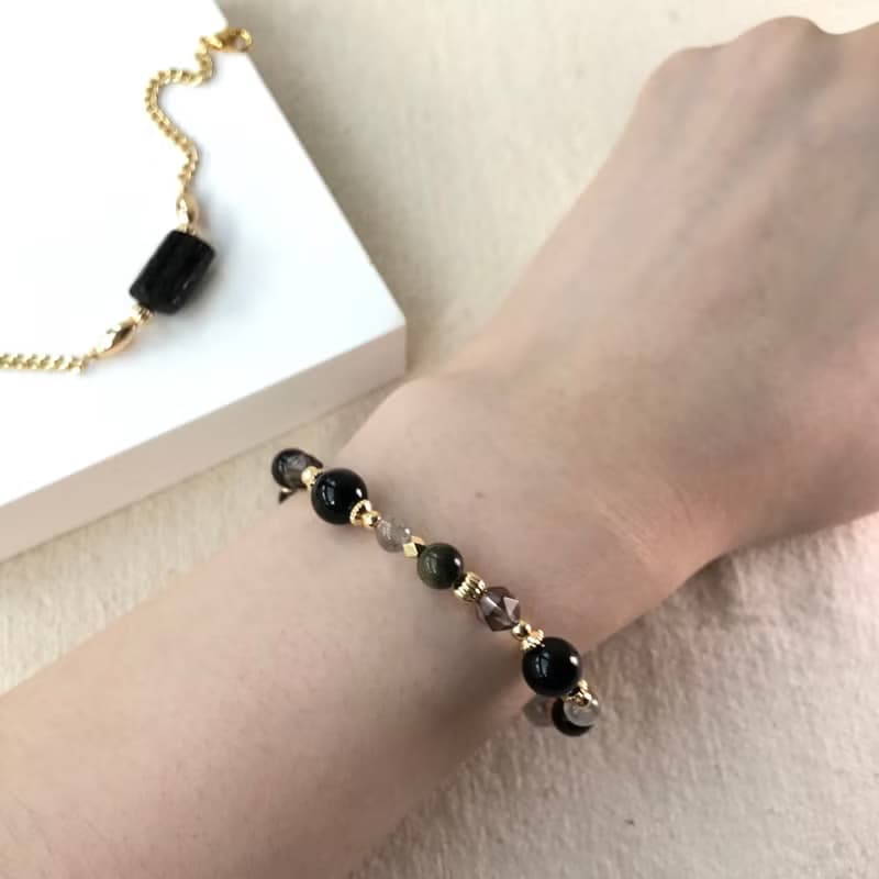 黑貓守護神 | 瑪瑙黑曜石手鍊 彈性鍊 拉長石 茶晶