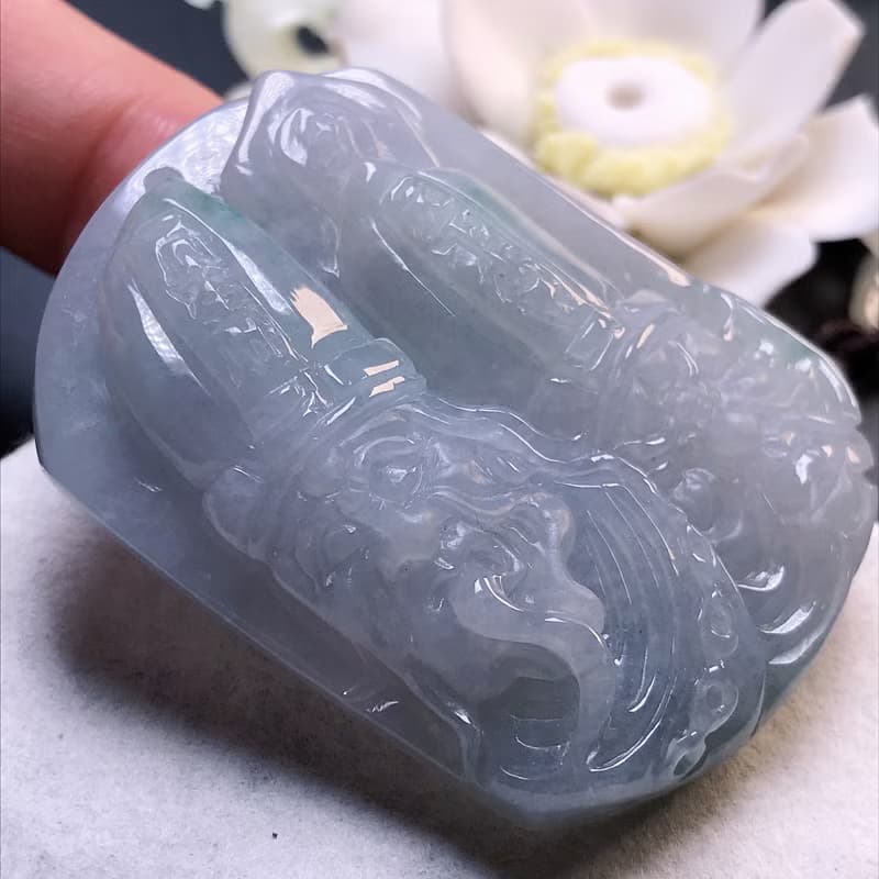 冰種飄綠花翡翠精雕黑白無常項鍊 | 天然緬甸玉A貨翡翠 | 送禮