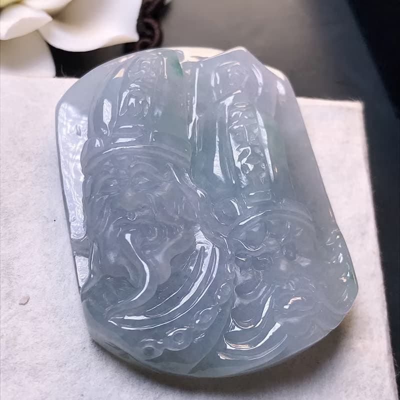 冰種飄綠花翡翠精雕黑白無常項鍊 | 天然緬甸玉A貨翡翠 | 送禮