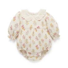 澳洲Purebaby有機棉嬰兒長袖包屁衣/新生兒 連身衣  花束蕾絲領