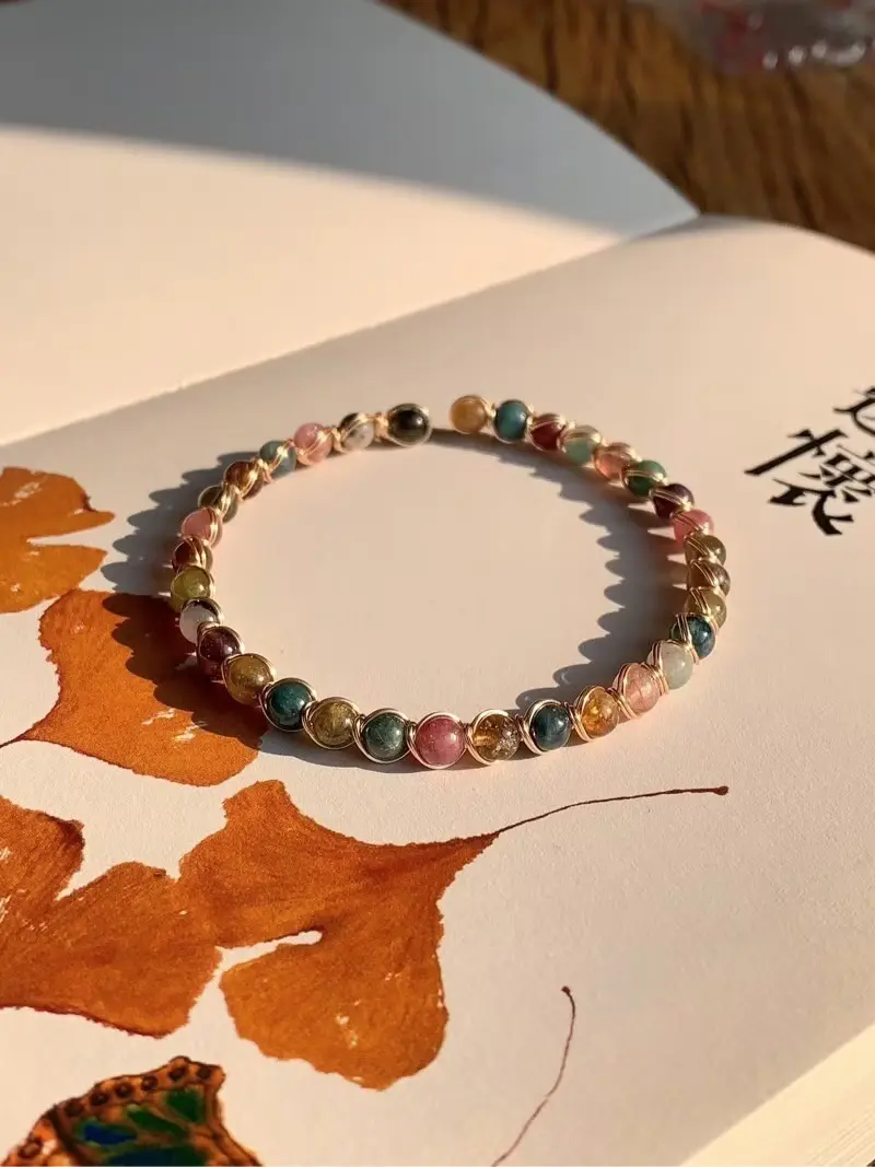 原創手工天然碧璽彩色石頭手鐲手串開運手鏈生日祝福禮物