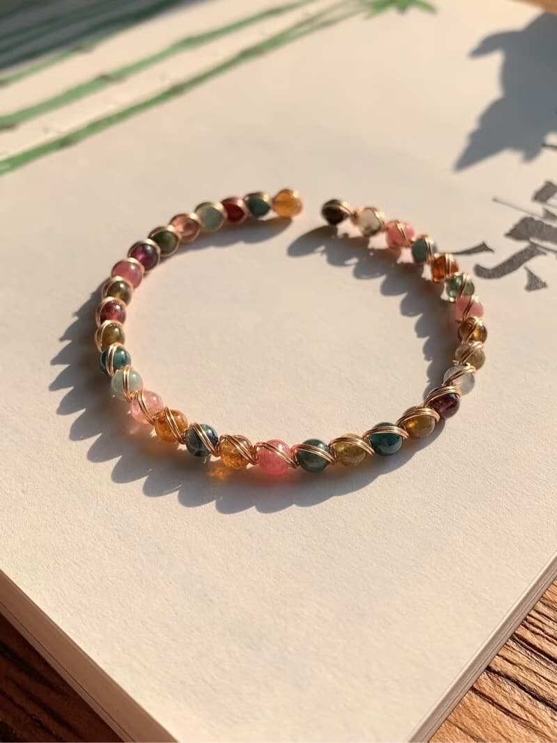 原創手工天然碧璽彩色石頭手鐲手串開運手鏈生日祝福禮物