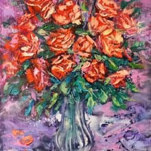 Red Roses Flower Bouquet Oil Painting Impasto Original Artist Svinar Oksana