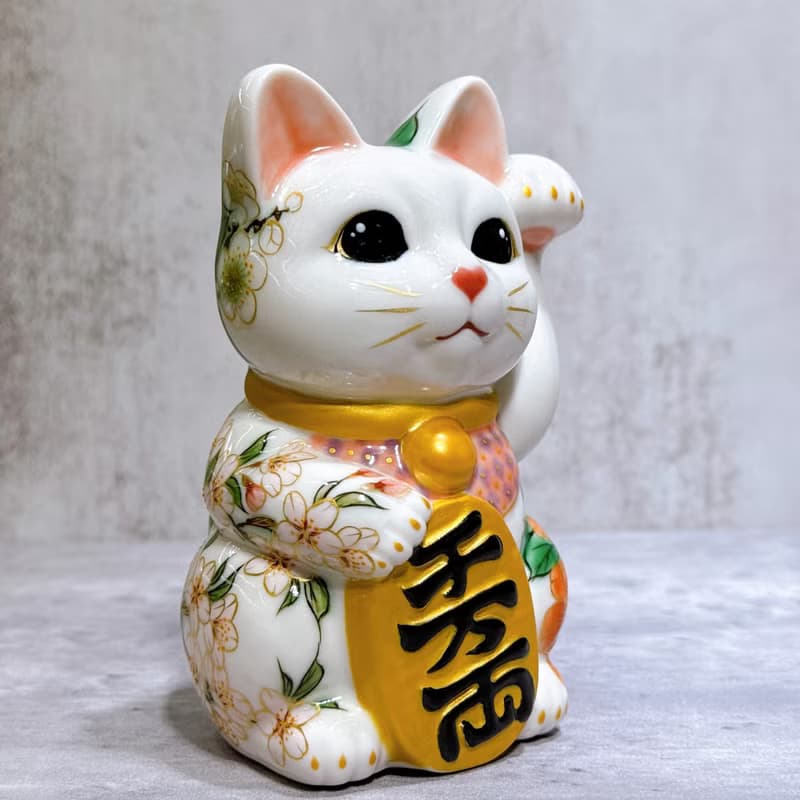 【白瓷花語】日本清水燒招財貓 | 色繪 白地 牡丹椿櫻