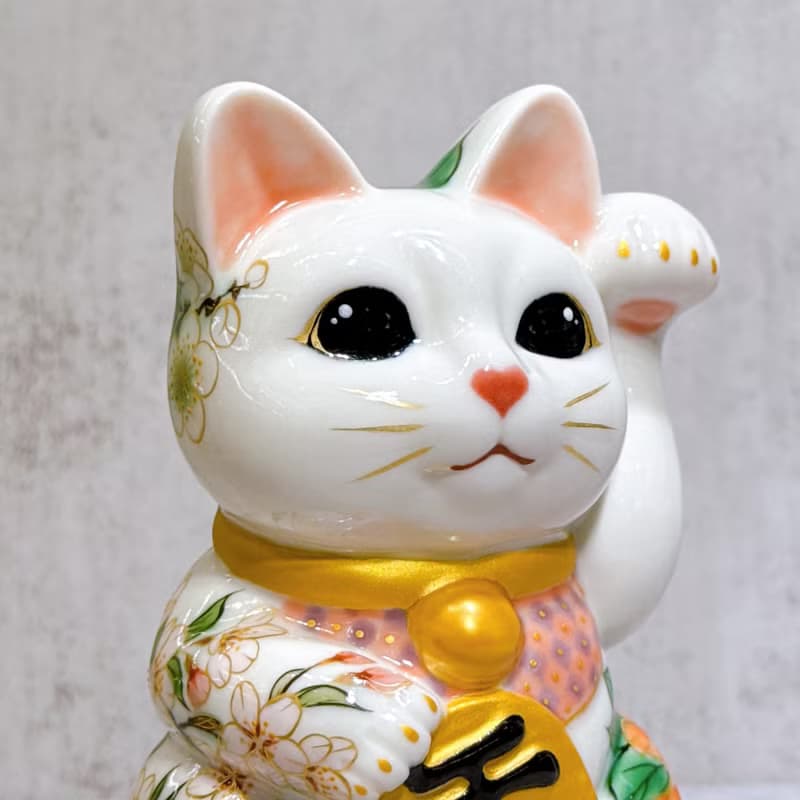 【白瓷花語】日本清水燒招財貓 | 色繪 白地 牡丹椿櫻