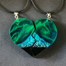Matching necklaces set wood resin pendant green Half Heart necklace wood jewelry