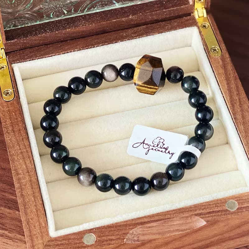 Amelia Jewelry 潛龍 虎眼石銀曜石彩眼黑曜石次石墨原創設計手鍊