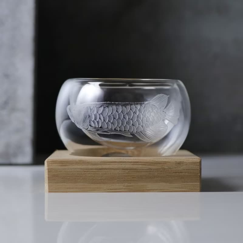 50cc【紅龍】手工龍魚雕刻雙層茶杯 父親節禮物