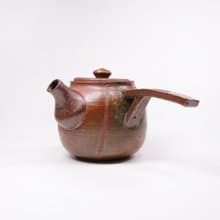 明芽窯 l 日式灰釉草紋側把 茶壺 急須 陶壺 陶藝品 蒐藏品 H4