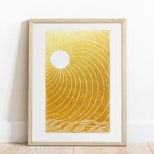 Gold japanese sun Linocut print wall art Original relief artwork Bedroom decor