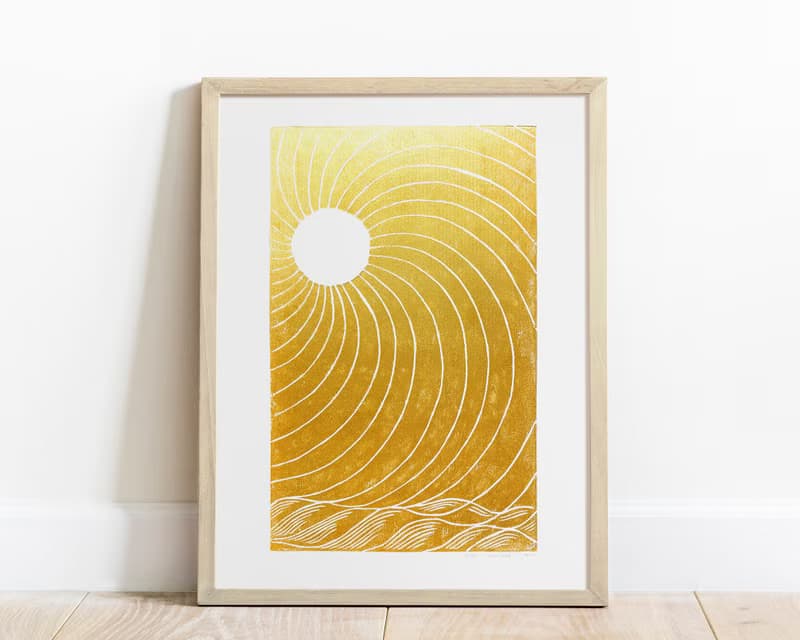 Gold japanese sun Linocut print wall art Original relief artwork Bedroom decor