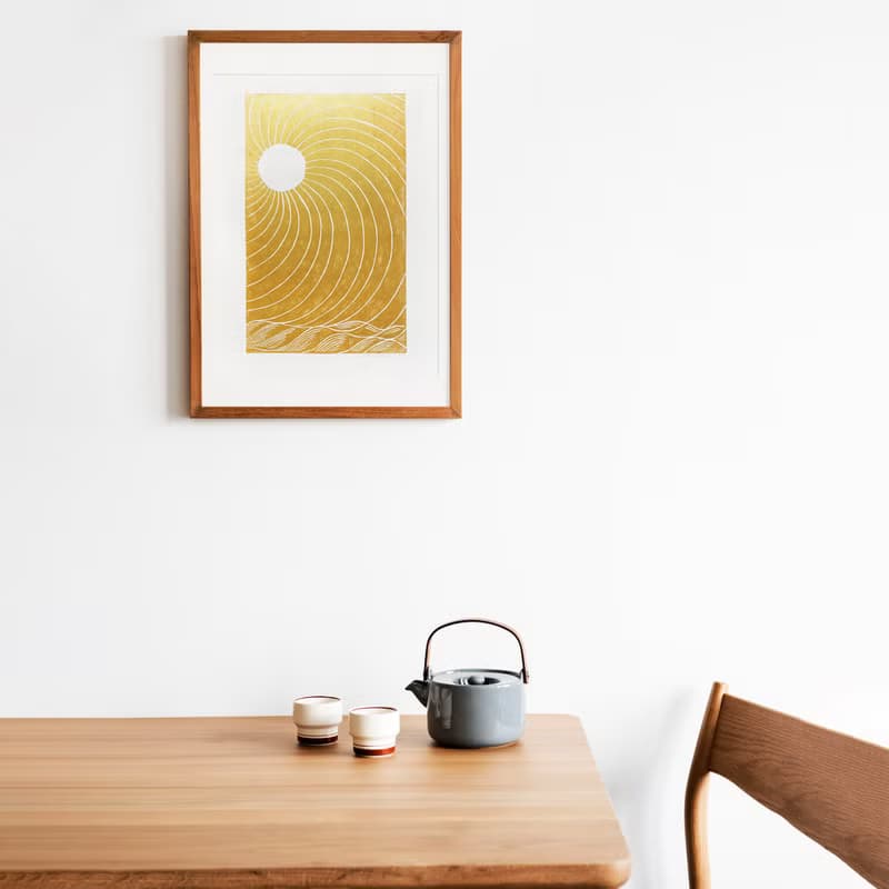 Gold japanese sun Linocut print wall art Original relief artwork Bedroom decor