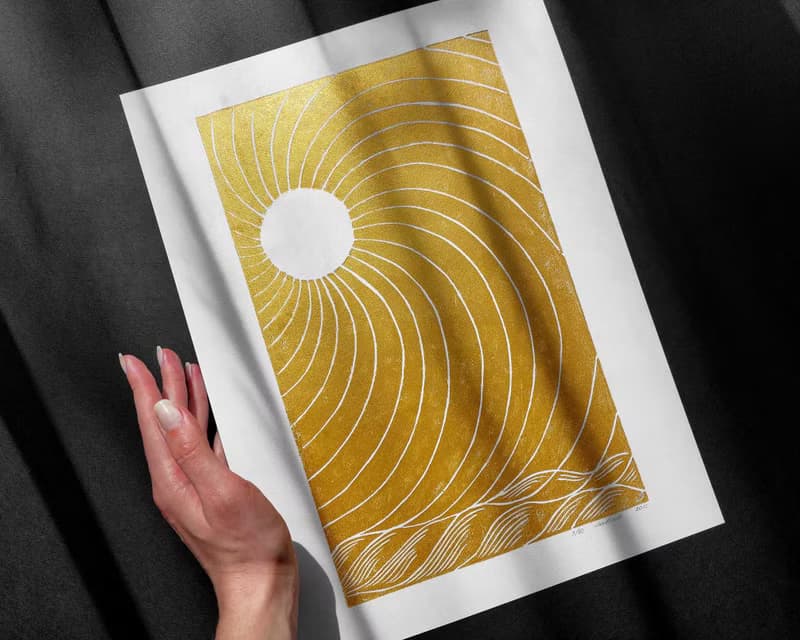 Gold japanese sun Linocut print wall art Original relief artwork Bedroom decor